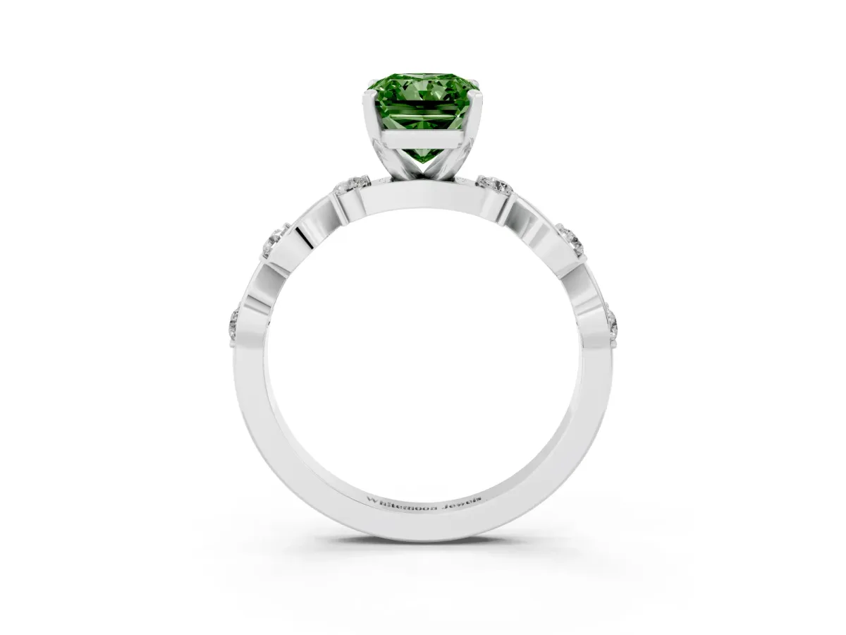 Fancy Green Radiant Cut Diamond Solitaire Twisted Band with Round Accents and Prong Setting White gold