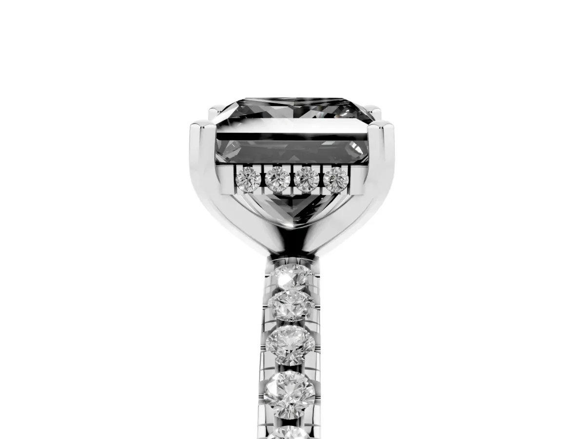 Fancy Black Princess Cut Diamond Solitaire Ring with Round Pavé Band and Four-Prong Setting White gold