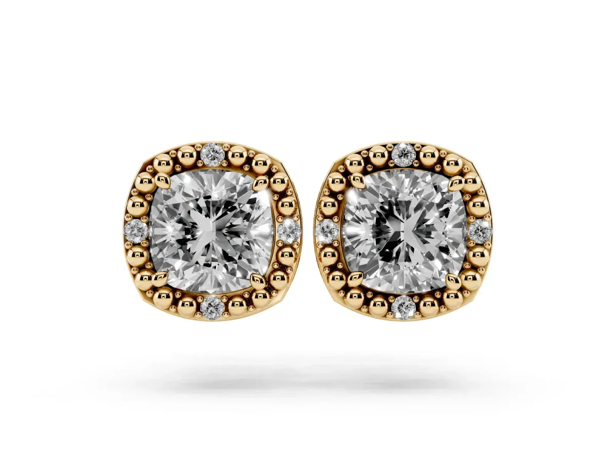 Cushion Diamond Beaded Halo Stud Earrings Yellow gold