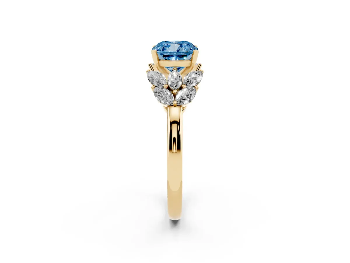 Fancy Blue Cushion Cut Diamond Cluster Leaf Design Ring with Prong Setting Yellow gold