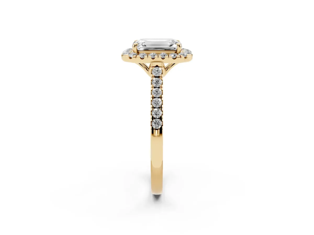 Emerald Cut Halo Pavé Diamond Engagement Ring with Four-Prong Setting Yellow gold