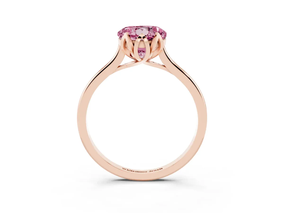 Fancy Pink Round Cut Diamond Solitaire Ring with Flower Prong Setting and Classic Band Rose gold