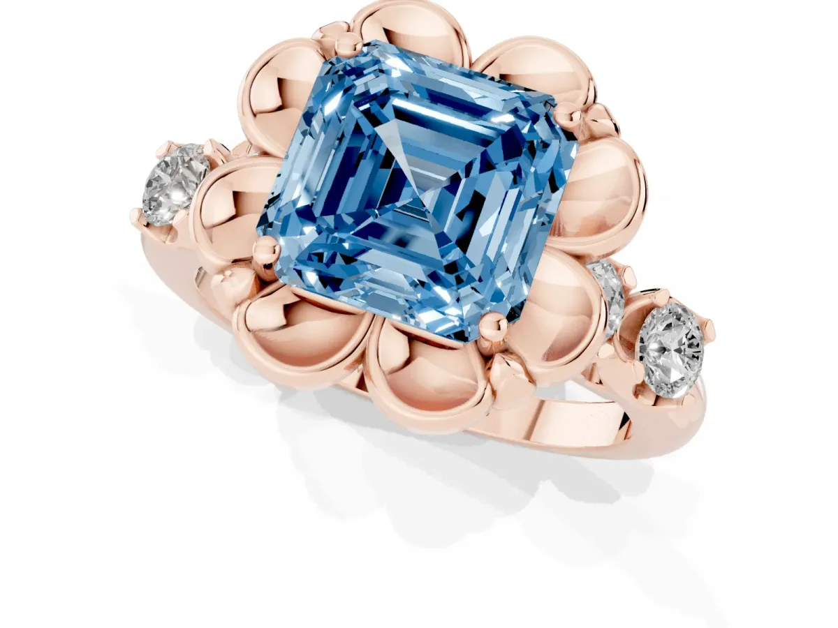 Fancy Blue Asscher Cut Cut Diamond Floral Halo Engagement Ring with Shared Prong Setting Rose gold