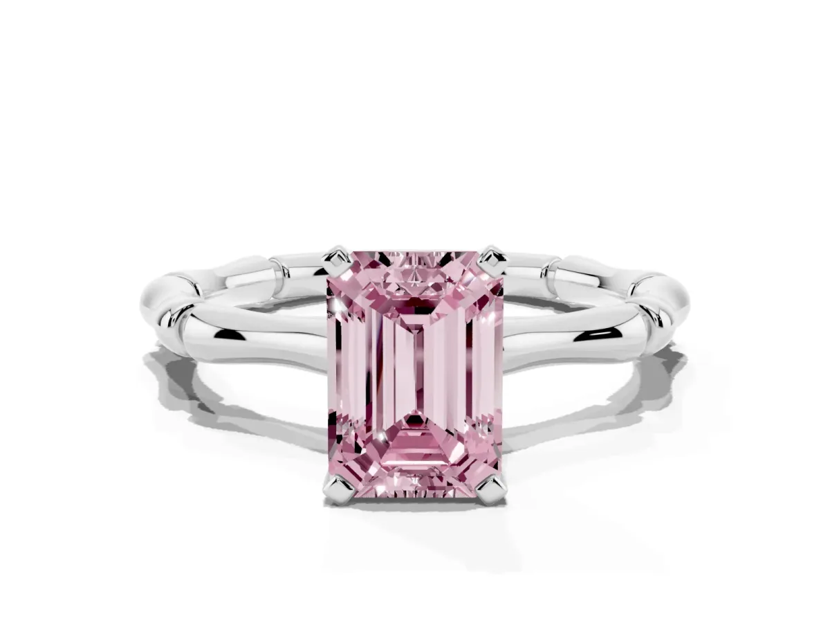 Fancy Pink Emerald Cut Solitaire Diamond Ring with Bamboo Band and Four-Prong Setting Silver