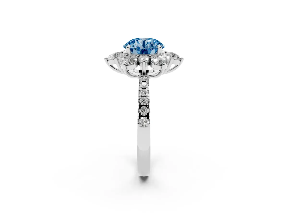 Fancy Blue Round Cut Diamond Floral Halo Ring with Round Pavé Band and Prong Setting Silver
