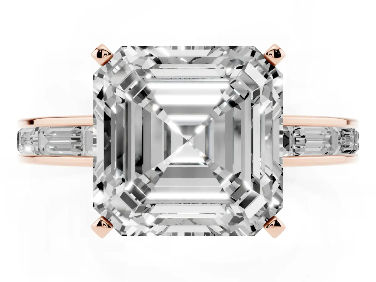 Asscher Cut Solitaire Diamond Ring with Channel-Set Baguette Band and Four-Prong Setting Rose gold