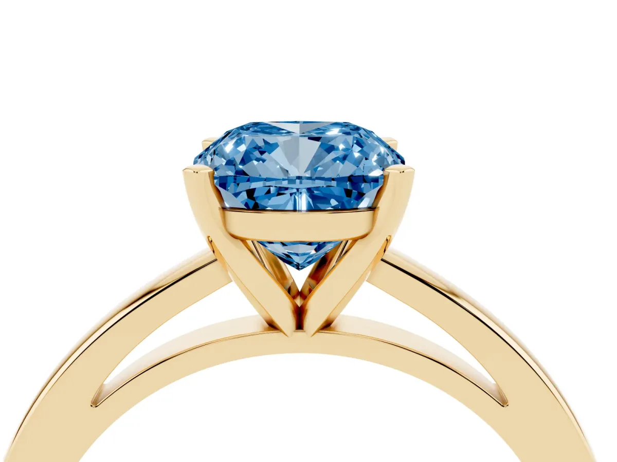 Fancy Blue Cushion Cut Solitaire Diamond Engagement Ring with Four-Prong Setting on a Classic Band Yellow gold