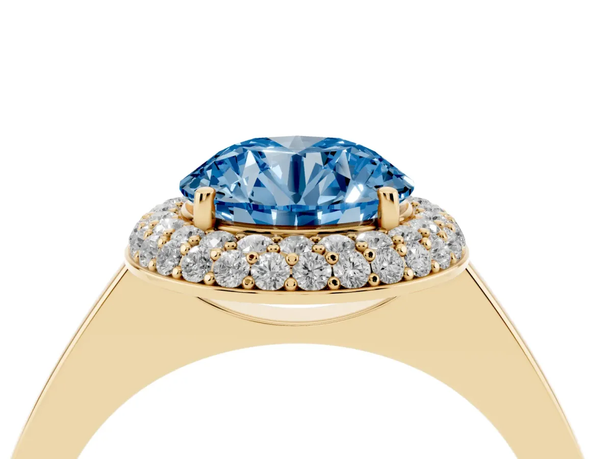 Fancy Blue Round Cut Halo Diamond Engagement Ring with Solitaire Band and Four-Prong Setting Yellow gold