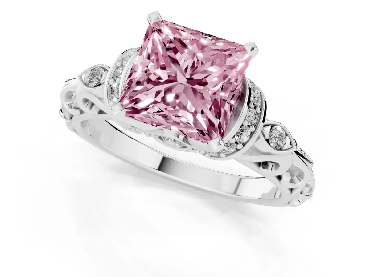 Fancy Pink Princess Cut Diamond Solitaire Ring with Filigree Band and Four-Prong Setting Silver