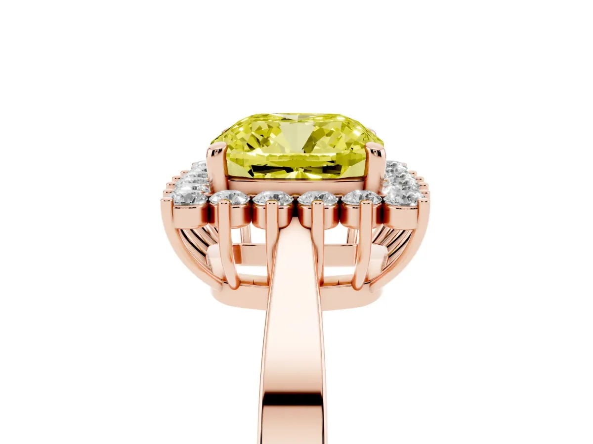 Fancy Yellow Cushion Cut Cut Diamond Halo Ring with Round Brilliant Halo and Solitaire Band Rose gold