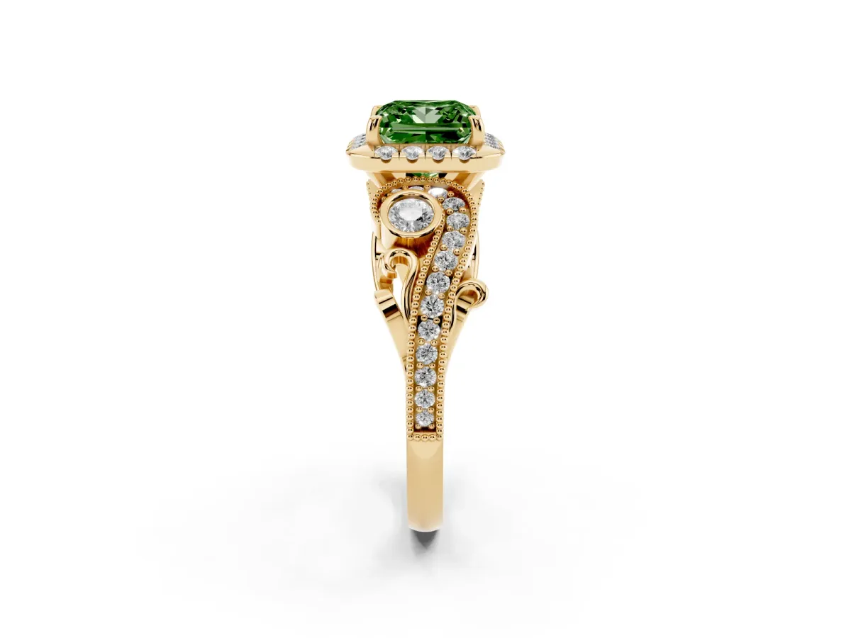 Fancy Green Princess Cut Diamond Halo Ring with Milgrain Pavé Band and Four-Prong Setting Yellow gold