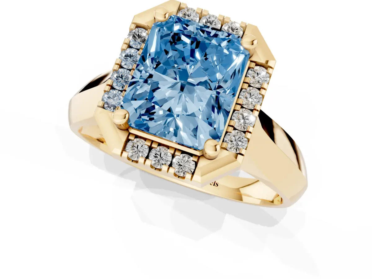 Fancy Blue Radiant Cut Cut Halo Solitaire Engagement Ring with Square Band and Four-Prong Setting Yellow gold