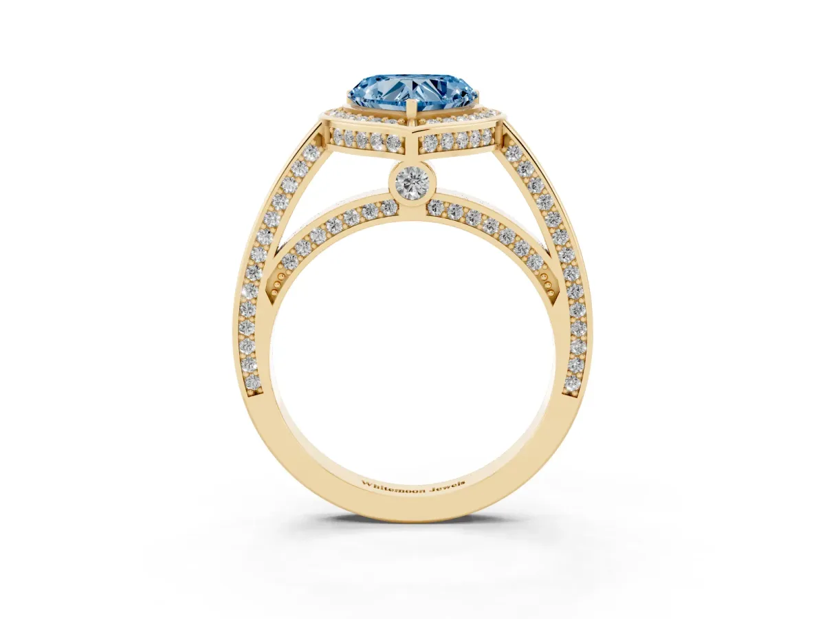 Fancy Blue Heart Cut Cut Halo Pave Split Shank Prong Setting Ring Yellow gold