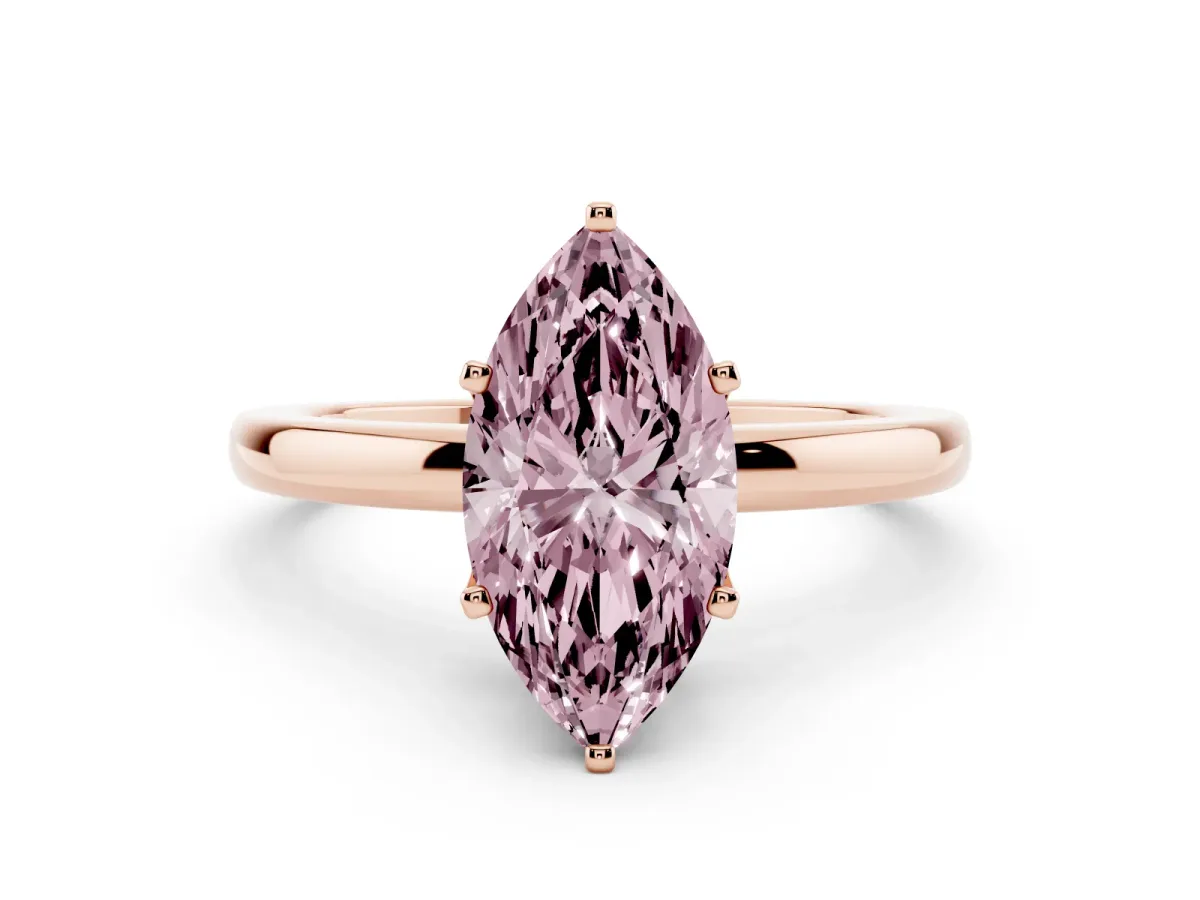 Fancy Pink Marquise Cut Solitaire Diamond Ring with Six-Prong Setting on a Classic Band Rose gold
