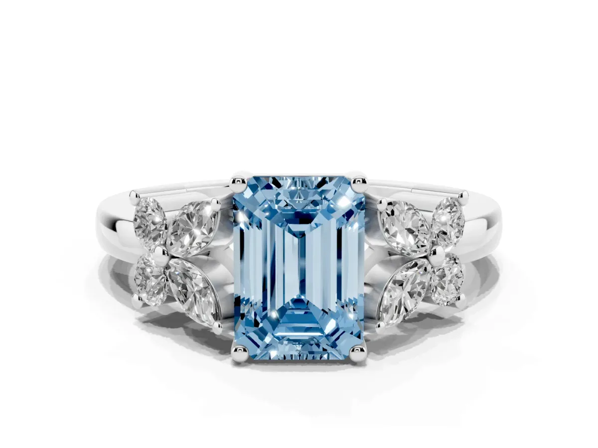 Fancy Blue Emerald Cut Diamond Floral Cluster Ring with Solitaire Band and Prong Setting Silver