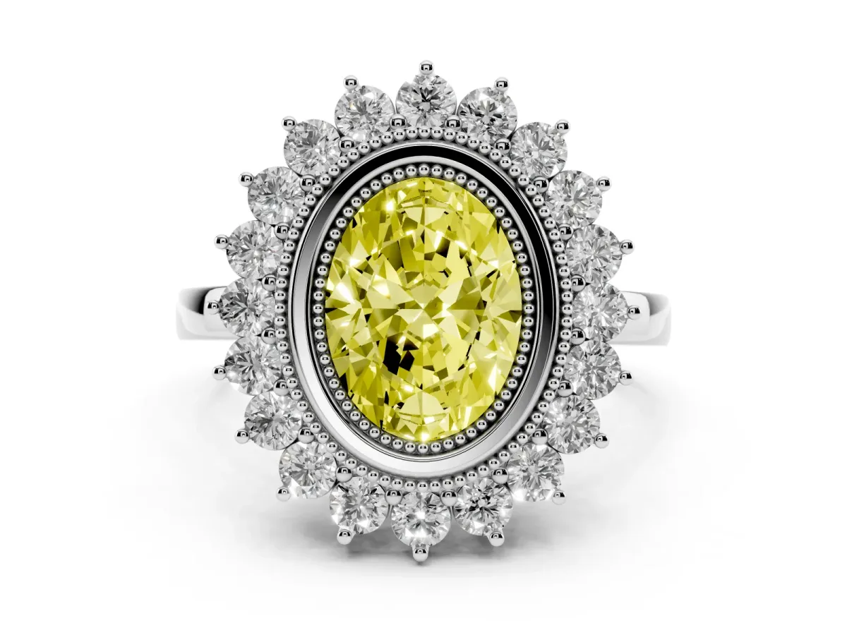 Fancy Yellow Oval Cut Halo Diamond Ring with Milgrain Edge and Round Prong Setting Silver