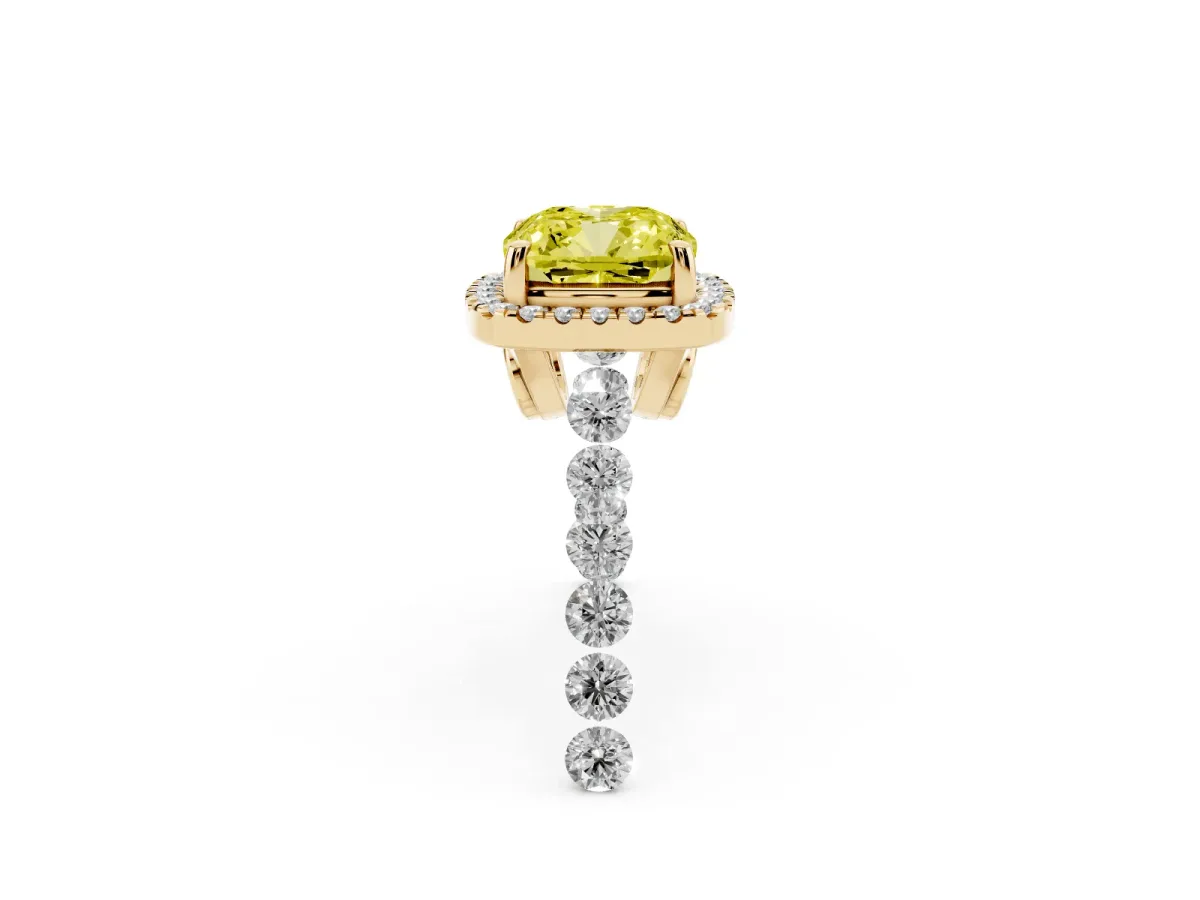 Fancy Yellow Cushion Cut Halo Pavé Diamond Engagement Ring with Four-Prong Setting Yellow gold