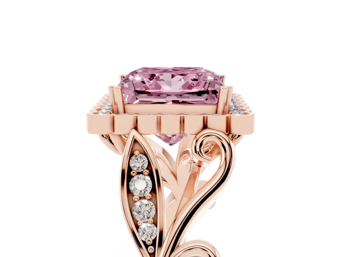 Fancy Pink Princess Cut Diamond Halo Ring with Vintage Split Shank and Four-Prong Setting Rose gold