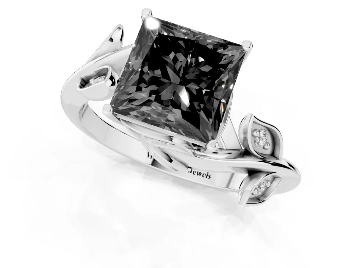 Fancy Black Princess Cut Solitaire Twist Engagement Ring with Leaf Accents and Prong Setting White gold