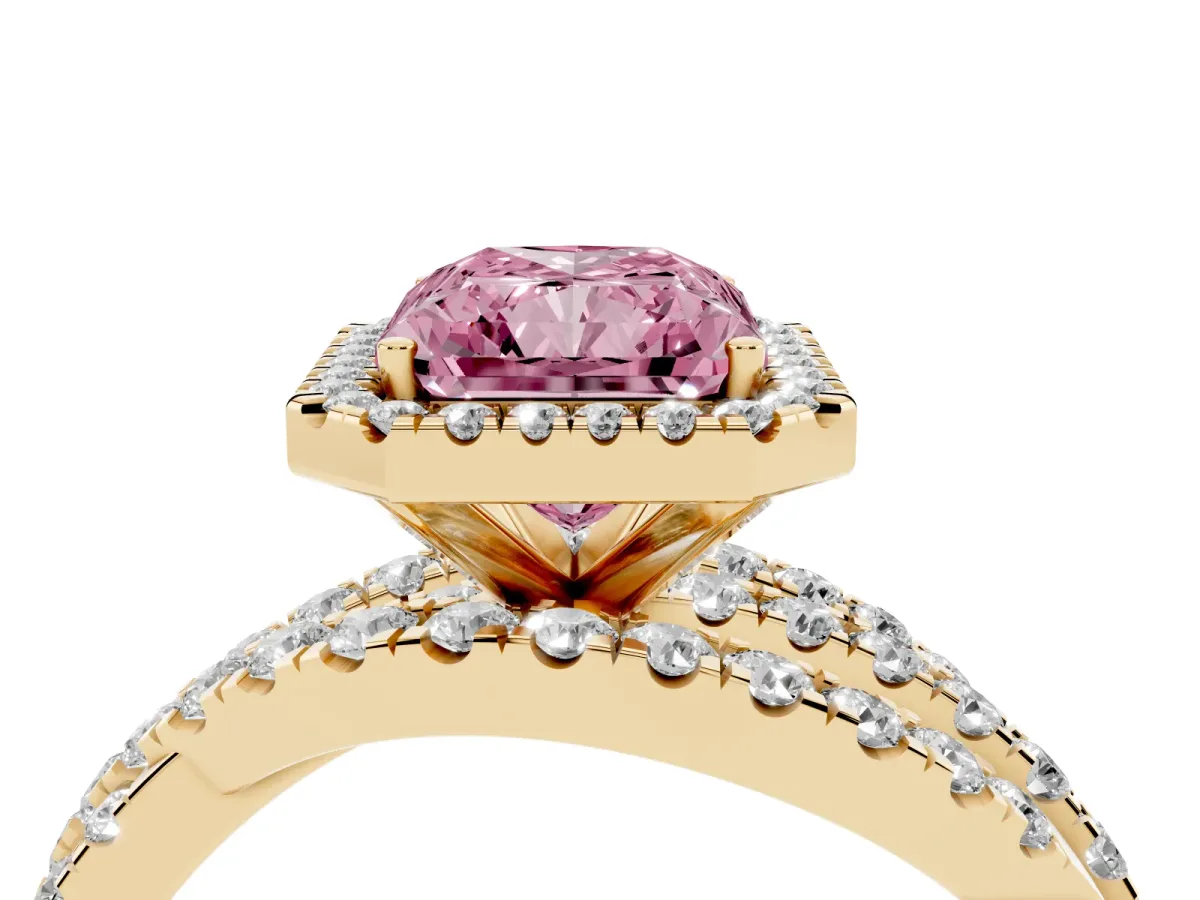 Fancy Pink Radiant Cut Diamond Halo Ring with Round Split Shank and Prong Setting Yellow gold