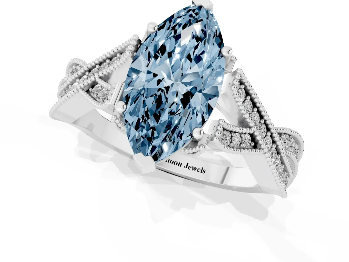 Fancy Blue Marquise Cut Cut Diamond Twisted Band with Milgrain Pave Setting and Four-Prong Setting Silver