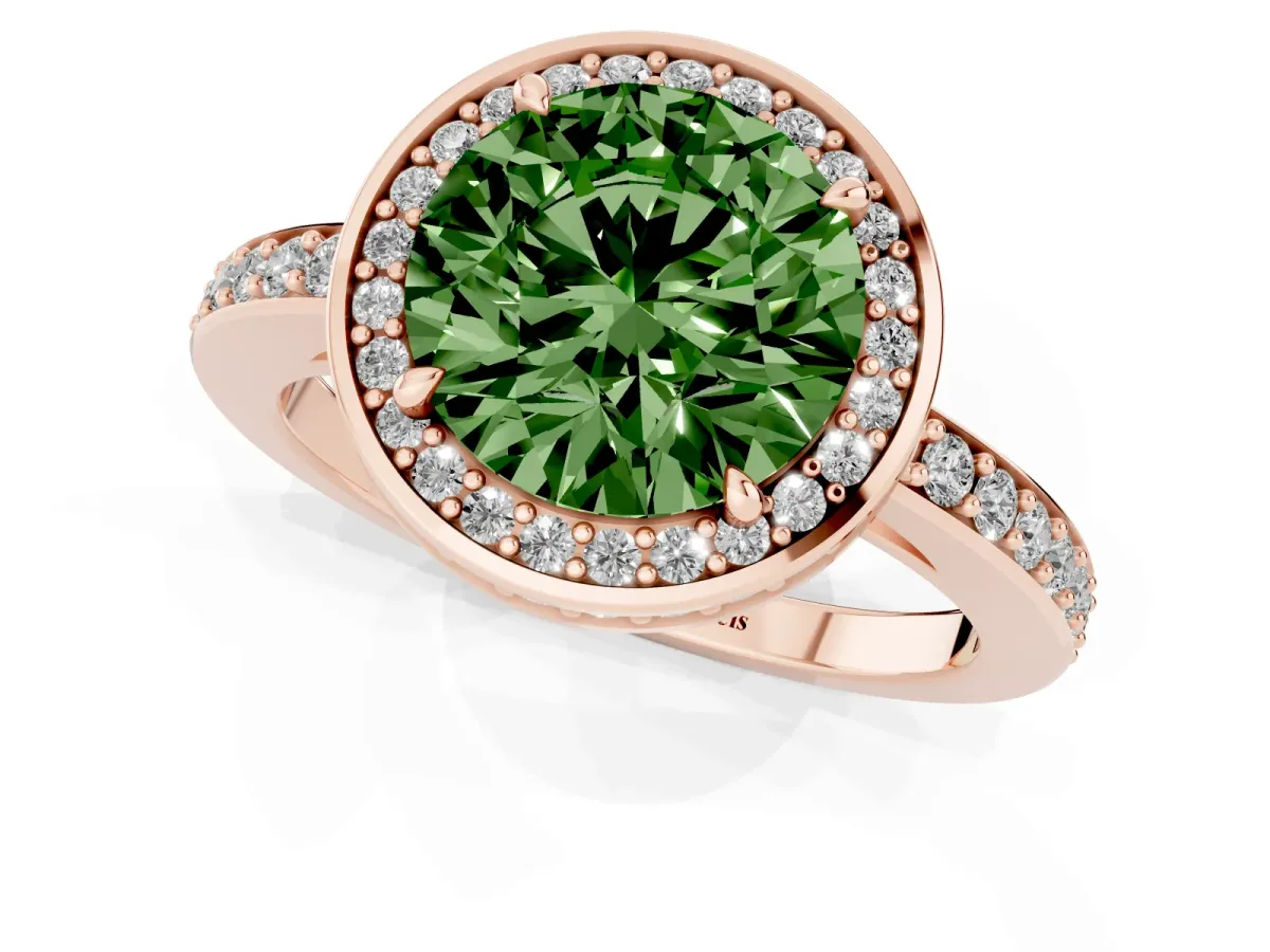 Fancy Green Round Cut Halo Pave Band Solitaire Ring with Prong Setting Rose gold