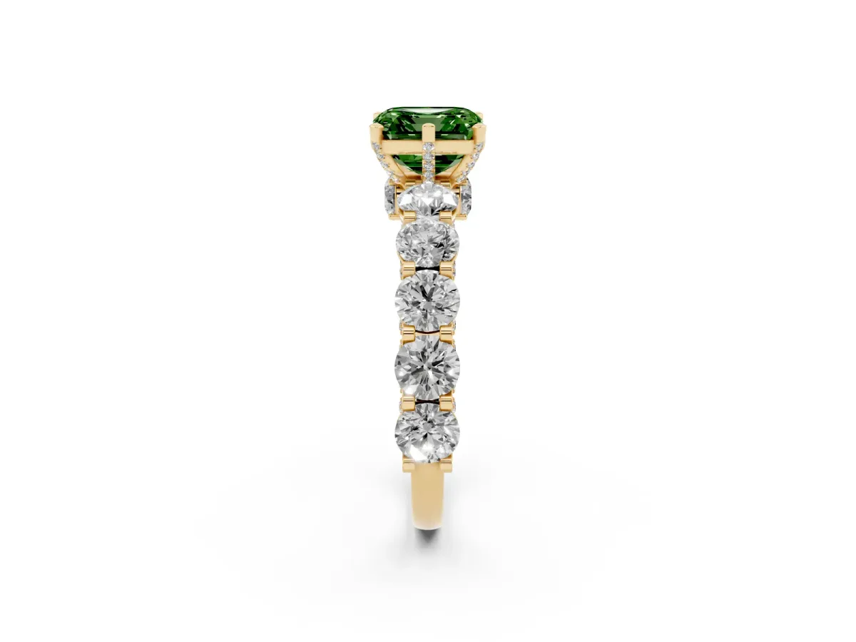 Fancy Green Asscher Cut Diamond Side Stone Engagement Ring with Four-Prong Setting Yellow gold