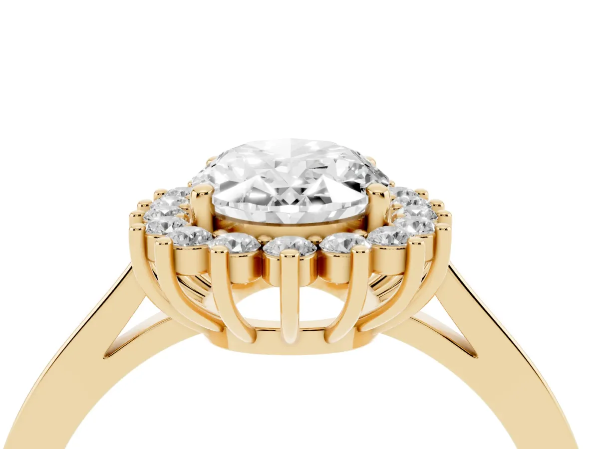 Oval Cut Cut Diamond Halo Ring with Round Brilliant Halo and Solitaire Band Yellow gold