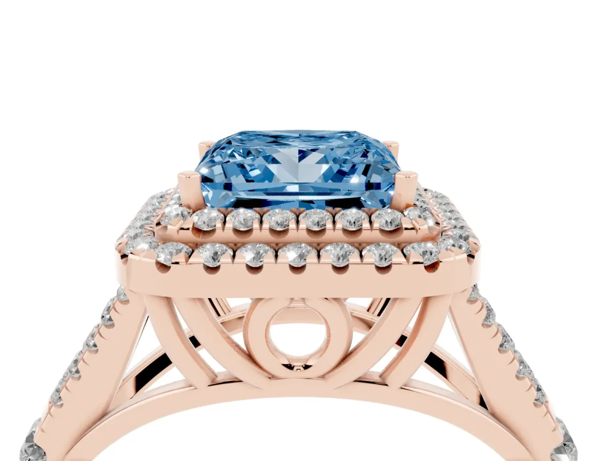 Fancy Blue Princess Cut Diamond Pavé Split Shank Double Halo Engagement Ring Rose gold