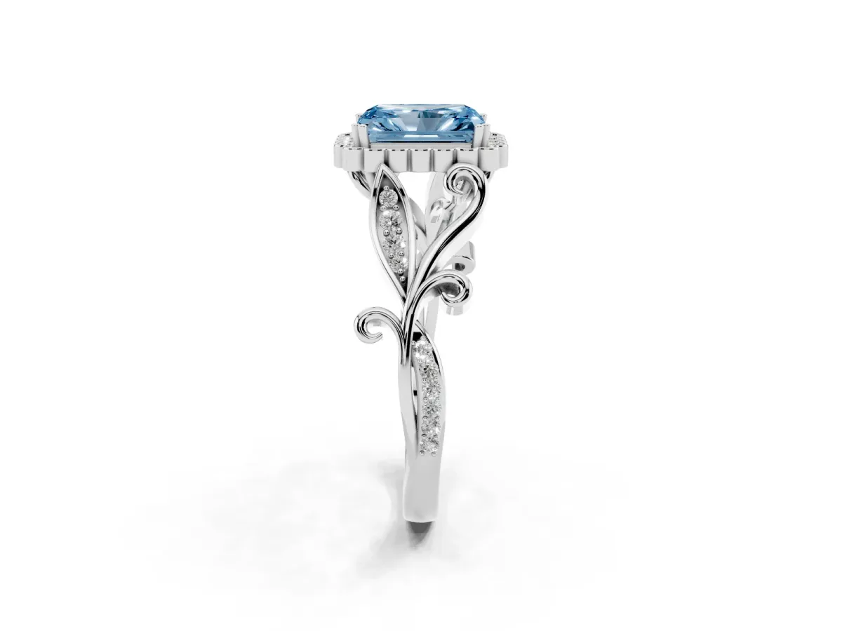 Fancy Blue Radiant Cut Diamond Halo Ring with Vintage Split Shank and Four-Prong Setting Platinum