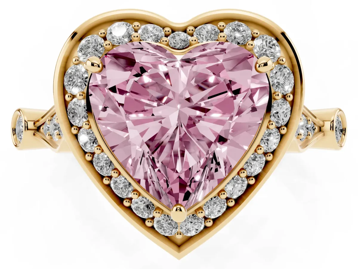 Fancy Pink Heart Cut Halo Diamond Engagement Ring with Twisted Band and Four-Prong Setting Yellow gold