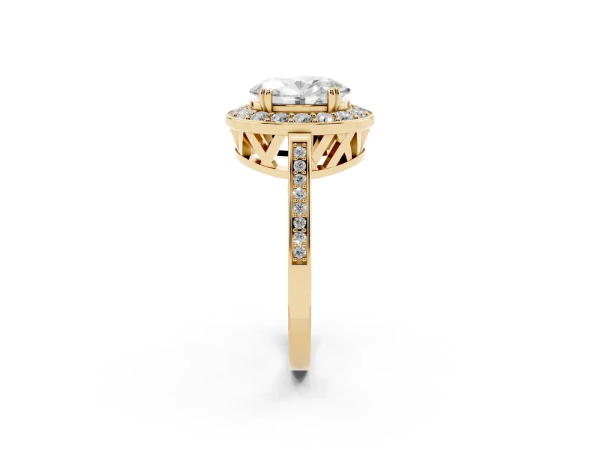 Oval Cut Diamond Halo Ring with Split Shank and Four-Prong Setting Yellow gold
