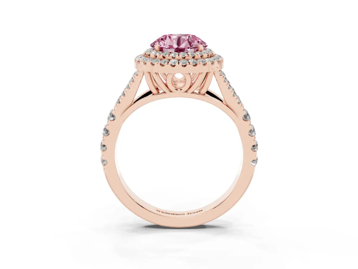 Fancy Pink Round Cut Diamond Double Halo Ring with Split Shank and Prong Setting Rose gold