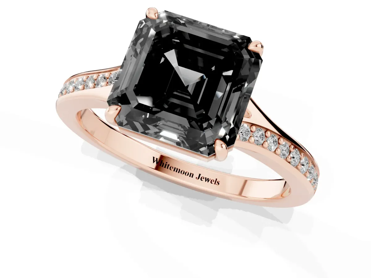 Fancy Black Asscher Cut Diamond Solitaire Ring with Pavé Band and Prong Setting Rose gold