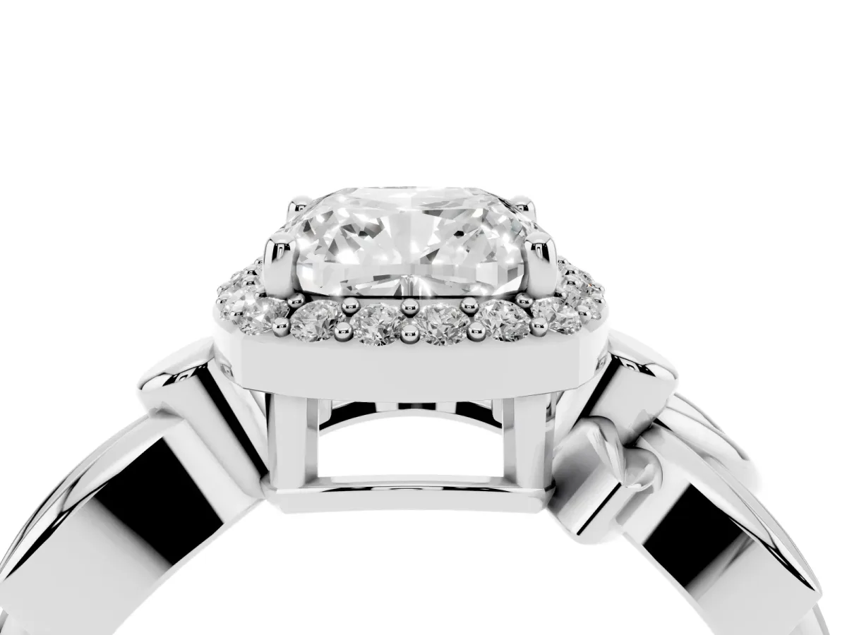 Cushion Cut Halo Diamond Floral Band with Four-Prong Setting White gold