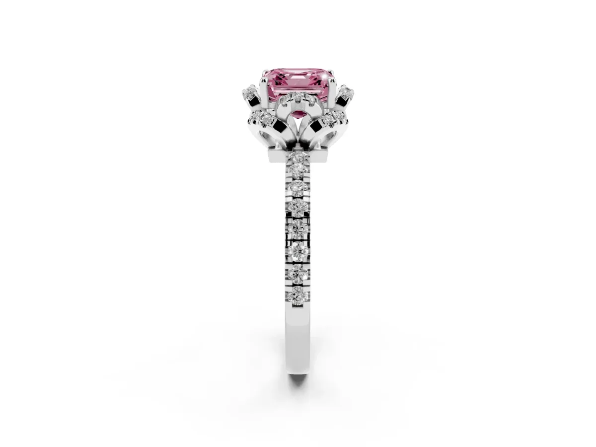 Fancy Pink Asscher Cut Halo Diamond Pave Band Ring with Four-Prong Setting Silver