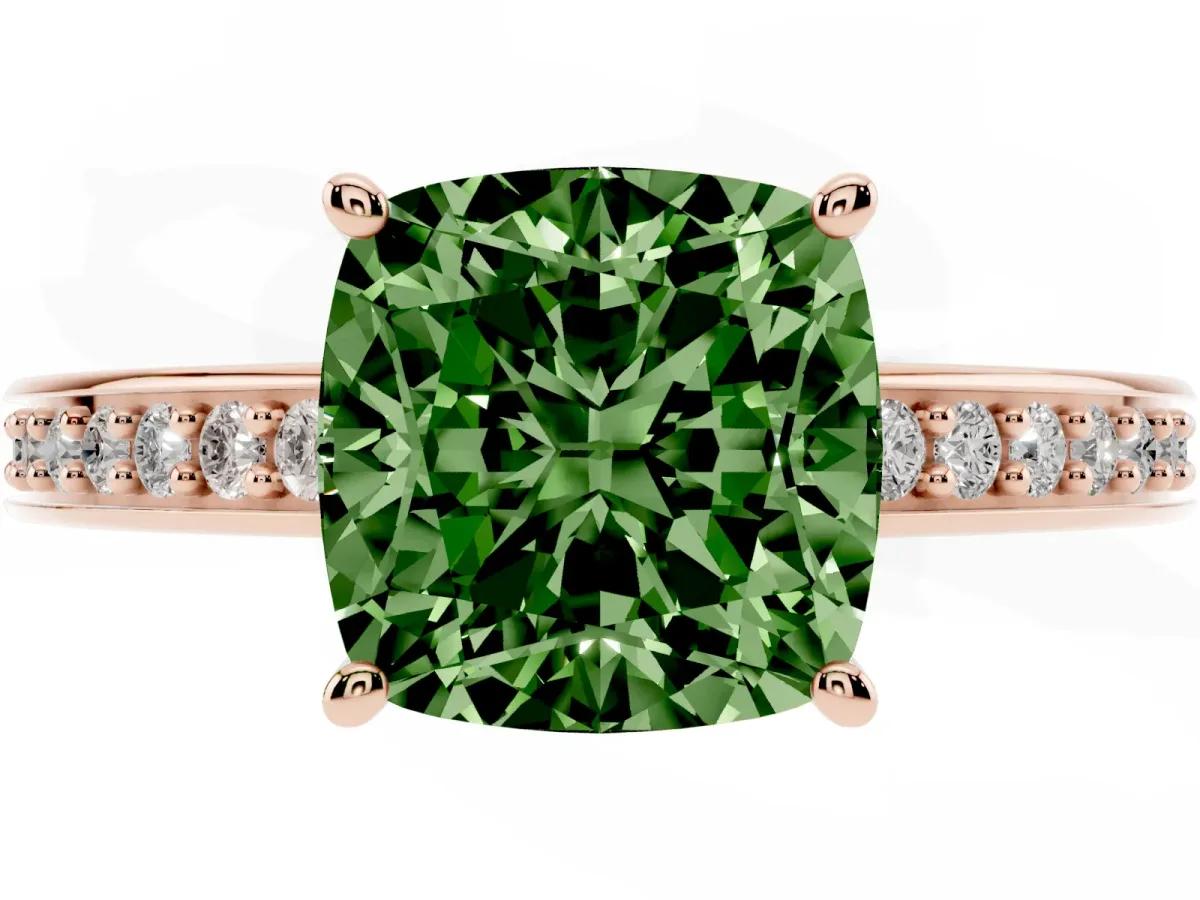 Fancy Green Cushion Cut Solitaire Pavé Band Prong Setting Ring Rose gold