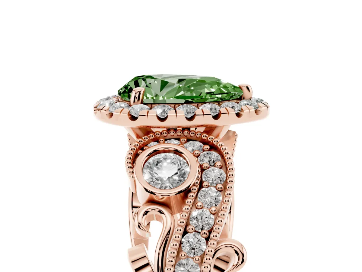 Fancy Green Pear Cut Halo Diamond Ring with Milgrain and Bezel Accents on a Split Shank Band Rose gold