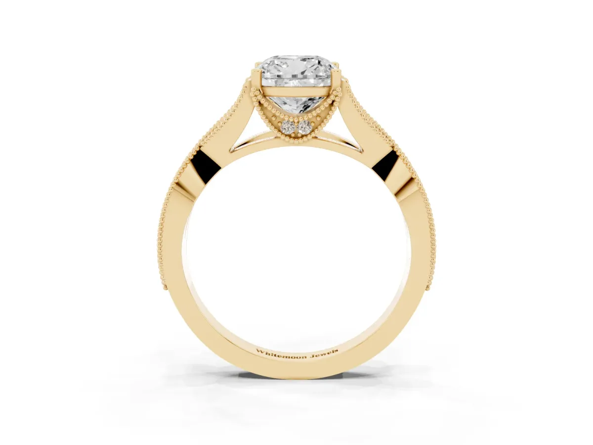 Cushion Cut Cut Diamond Twisted Band with Milgrain Pave Setting and Four-Prong Setting Yellow gold
