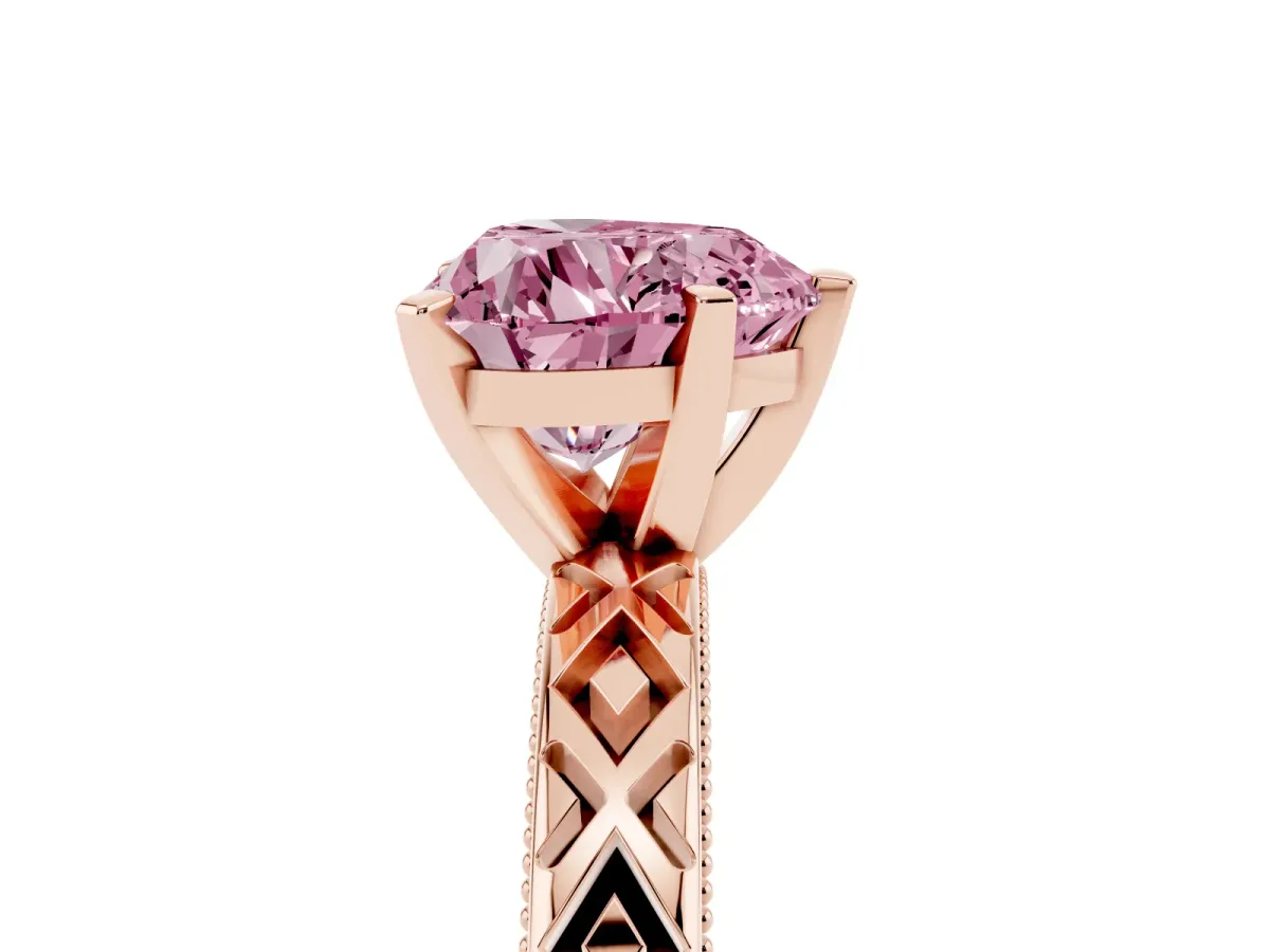 Fancy Pink Heart Cut Solitaire Diamond Ring with Milgrain and Black Enamel X Pattern Band Rose gold