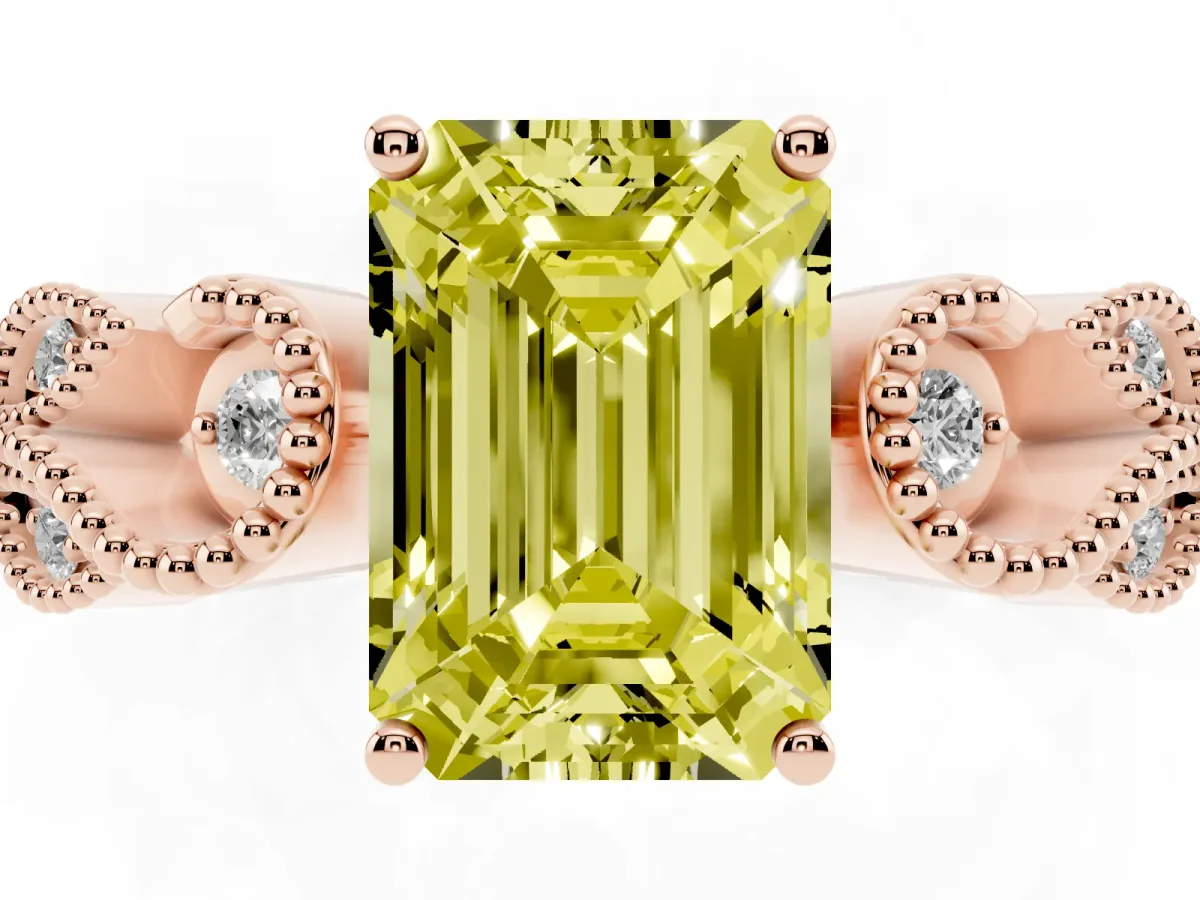 Fancy Yellow Emerald Cut Solitaire Milgrain Leaf Band with Prong Setting Rose gold