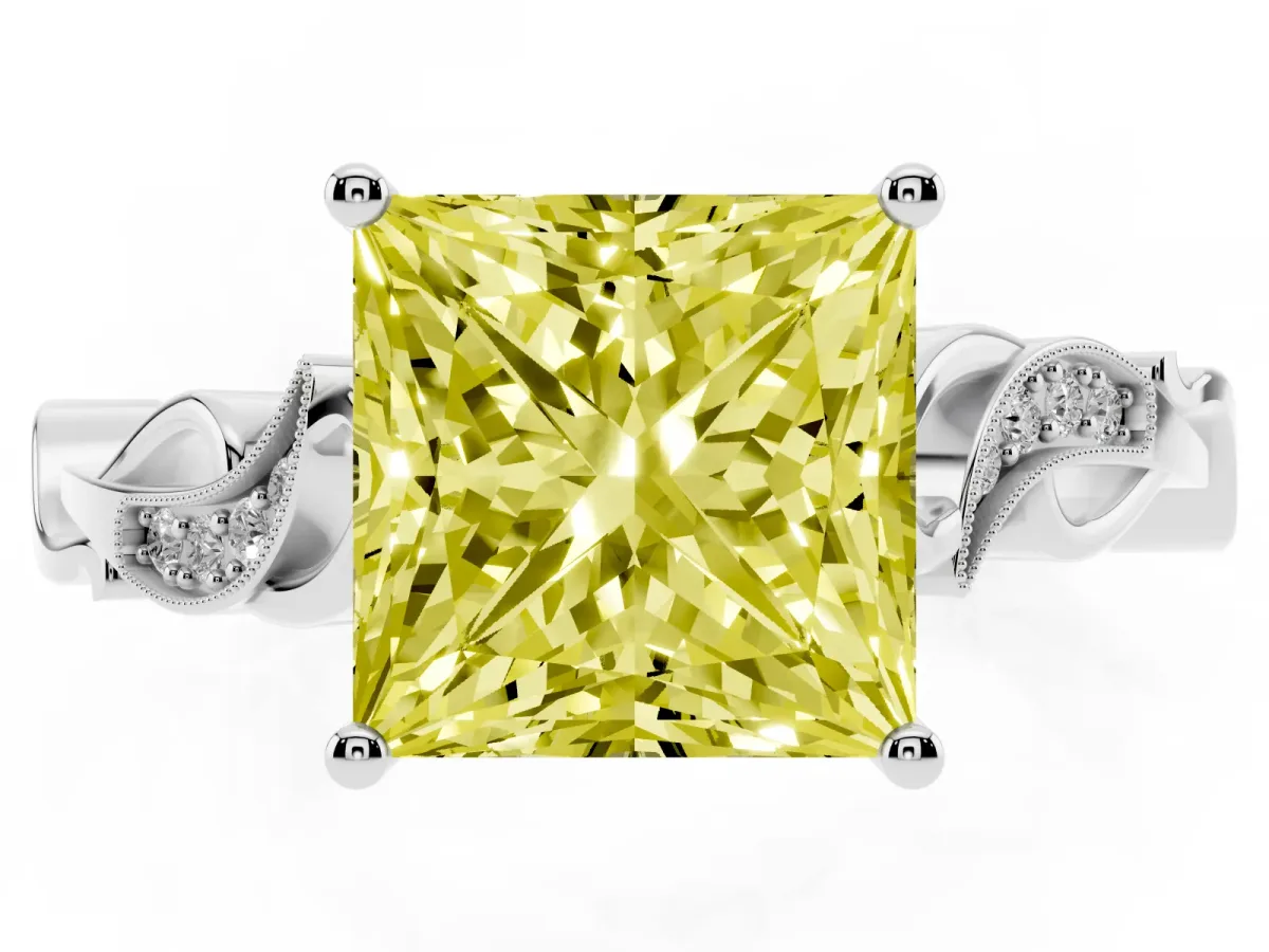 Fancy Yellow Princess Cut Solitaire Vine Band with Milgrain Prong Setting Silver