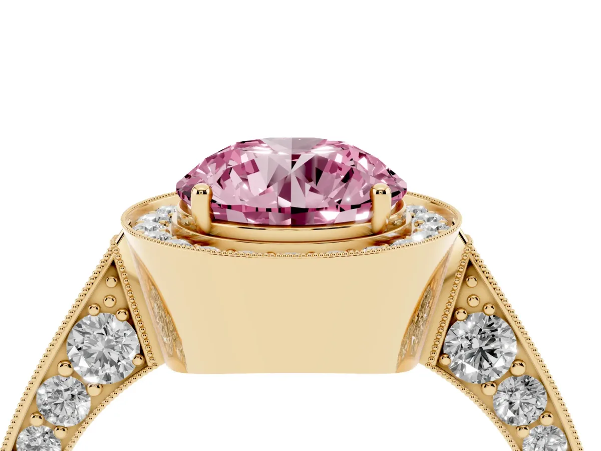 Fancy Pink Round Cut Halo Diamond Engagement Ring with Split Shank Band and Four-Prong Setting Yellow gold