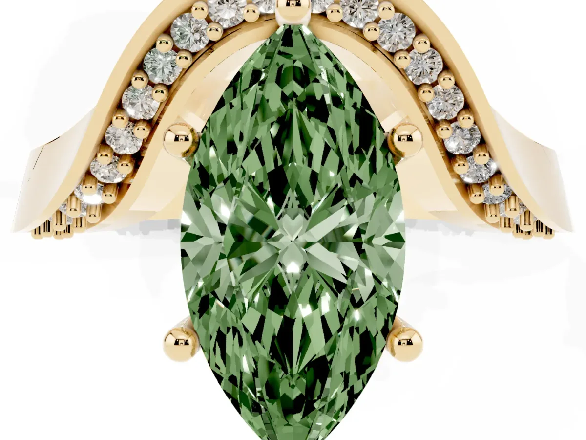Fancy Green Marquise Cut Solitaire Diamond Engagement Ring with Pave Band and Four-Prong Setting Yellow gold