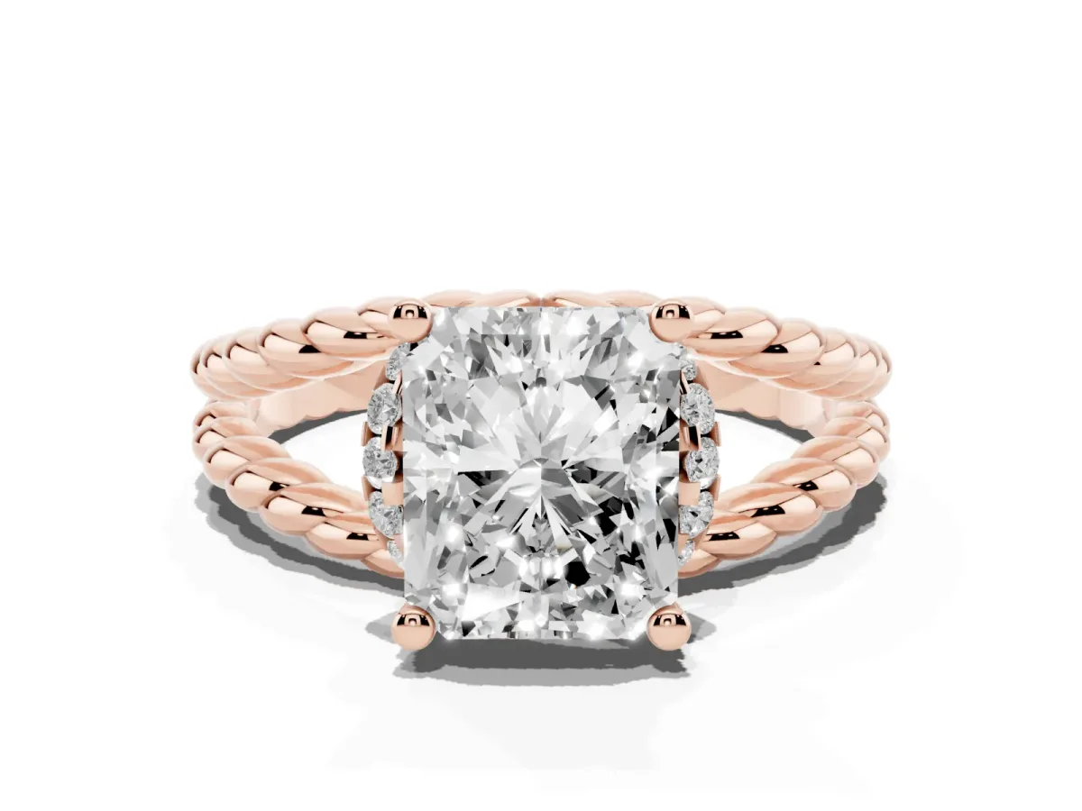Radiant Cut Halo Twisted Band Four-Prong Ring Rose gold
