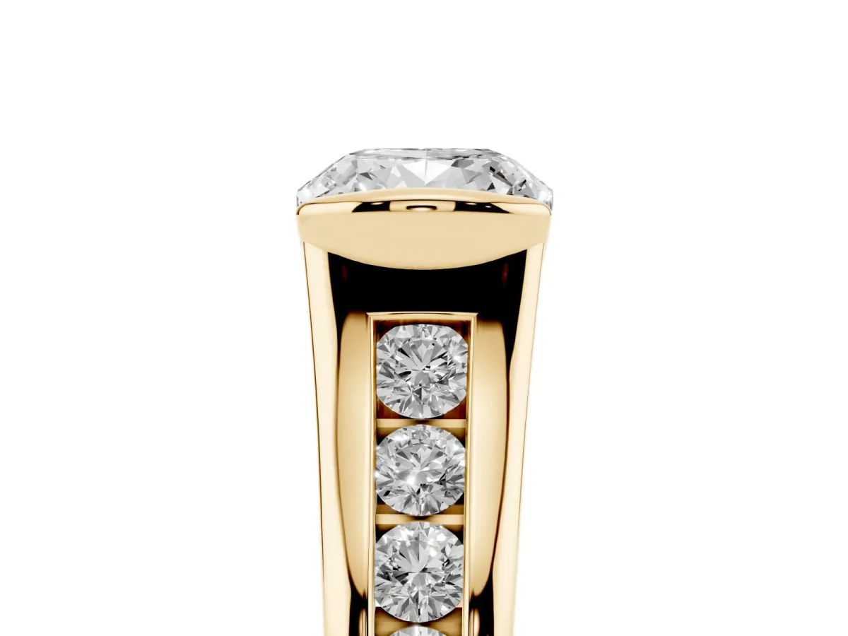 Cushion Cut Solitaire Bezel-Set Diamond Ring with Channel-Set Band Yellow gold