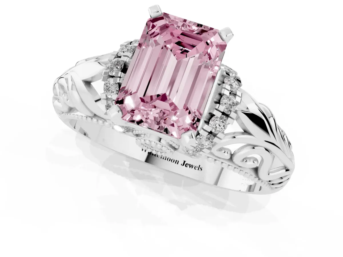 Fancy Pink Emerald Cut Solitaire Filigree Engagement Ring with Halo and Prong Setting Silver
