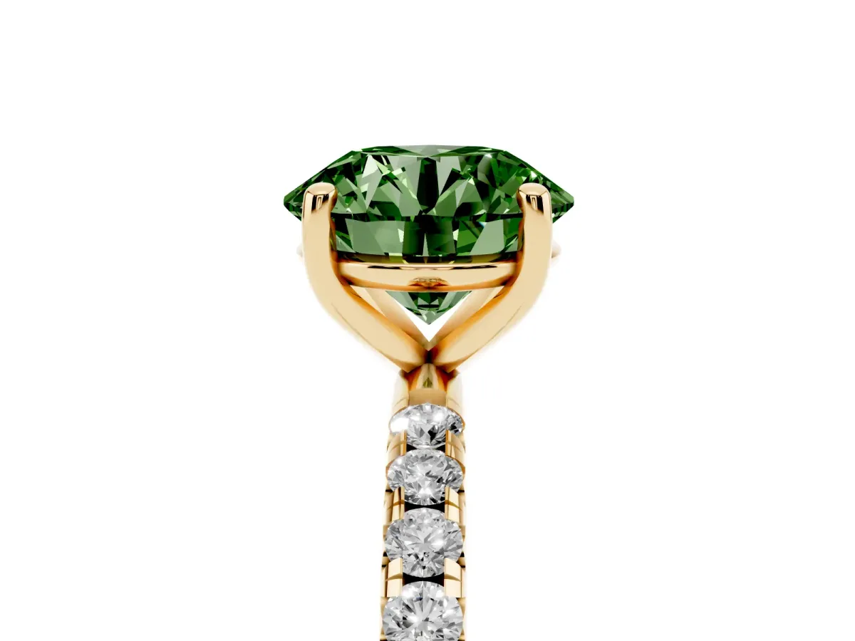 Fancy Green Round Cut Cut Diamond Solitaire Ring with Micro Pave Band and Four Prong Setting Yellow gold