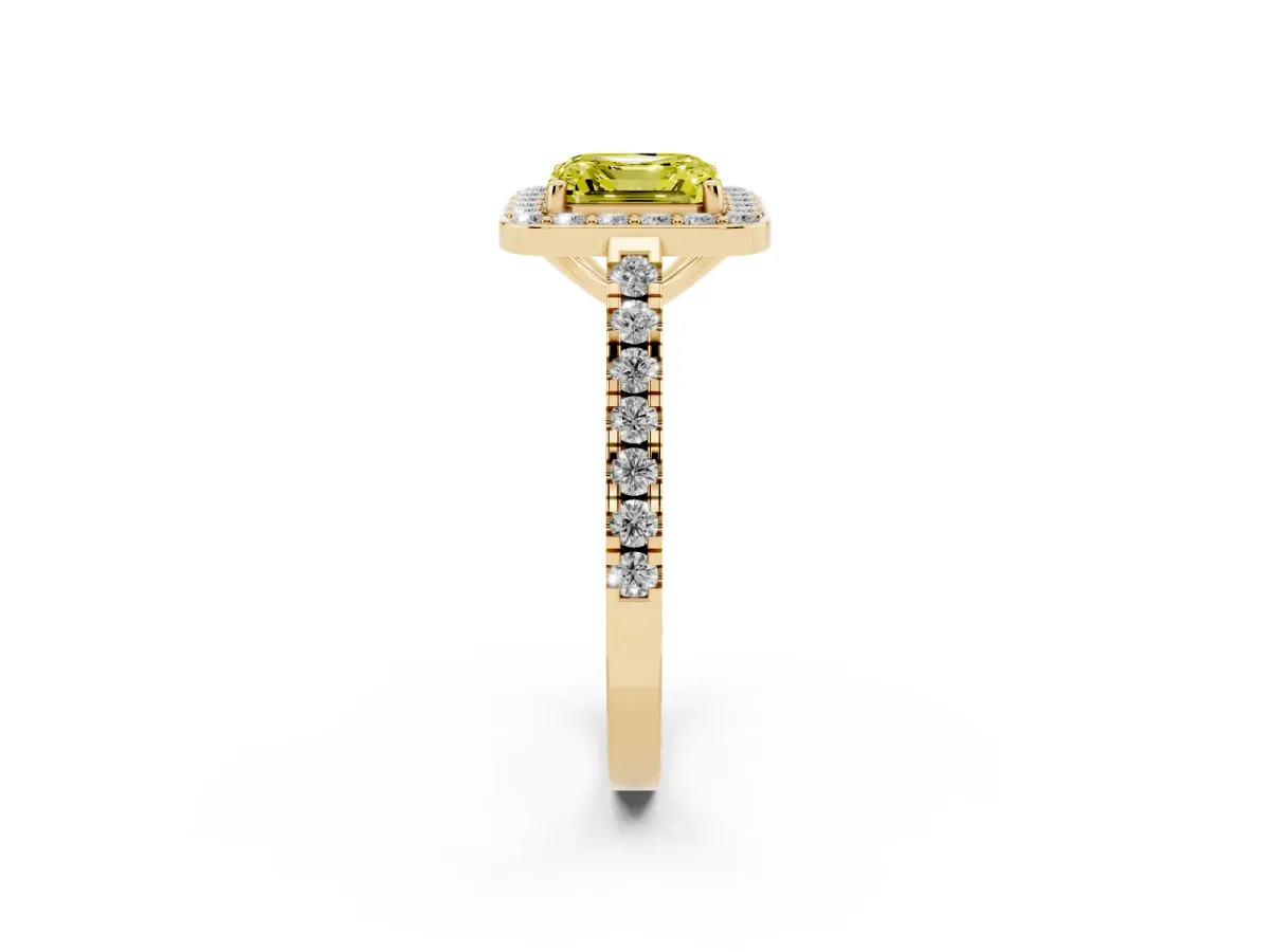 Fancy Yellow Asscher Cut Diamond Halo Ring with Round Pavé Split Shank and Prong Setting Yellow gold