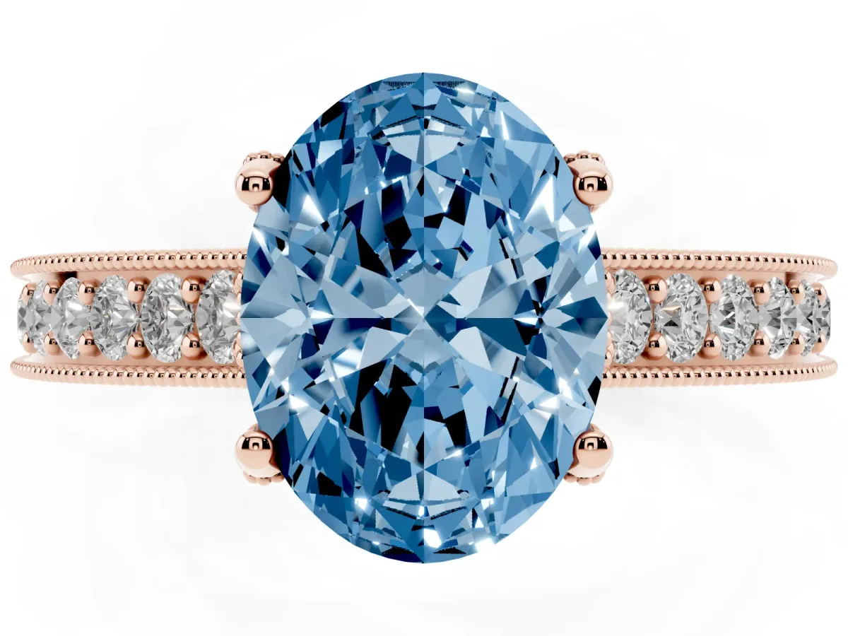 Fancy Blue Oval Cut Cut Diamond Solitaire Ring with Milgrain Pave Band and Four Prong Setting Rose gold